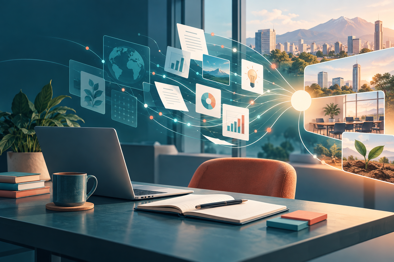 Espacio de trabajo con conexiones visuales entre información, aprendizaje y aplicaciones de negocio